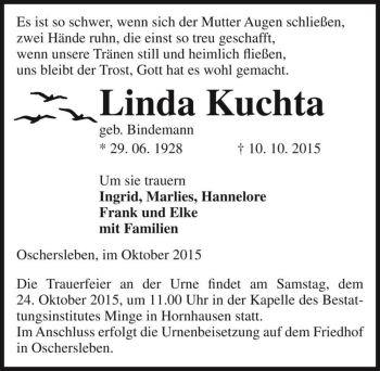 Traueranzeige von Linda Kuchta geb. Bindemann  von Magdeburger Volksstimme