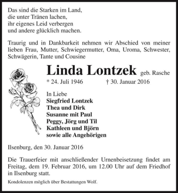 Traueranzeige von Linda Lontzek (geb. Rasche)  von Magdeburger Volksstimme