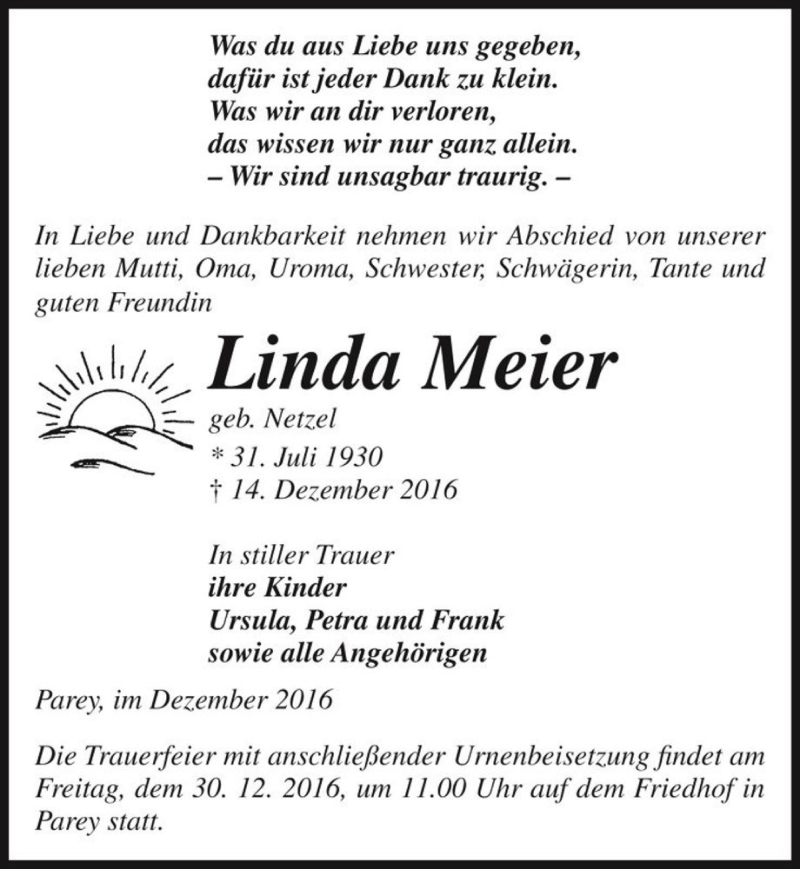  Traueranzeige für Linda Meier (geb. Netzel)  vom 17.12.2016 aus Magdeburger Volksstimme