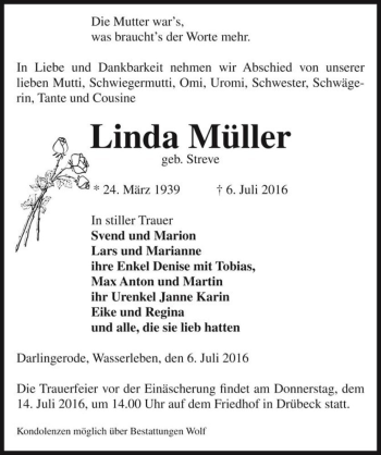 Traueranzeige von Linda Müller (geb. Streve)  von Magdeburger Volksstimme