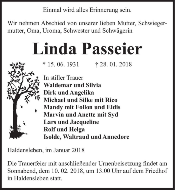 Traueranzeige von Linda Passeier  von Magdeburger Volksstimme
