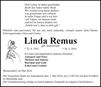 Traueranzeige von Linda Remus (geb. Stottmeister)  von Magdeburger Volksstimme