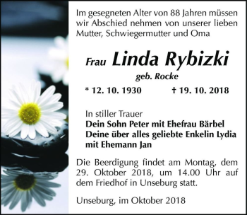 Traueranzeige von Linda Rybitzki (geb. Rocke)  von Magdeburger Volksstimme