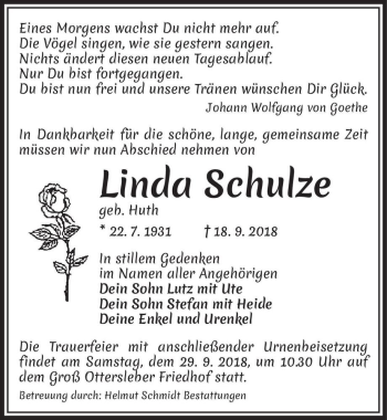 Traueranzeige von Linda Schulze (geb. Huth)  von Magdeburger Volksstimme