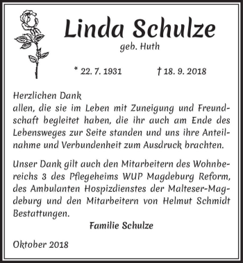 Traueranzeige von Linda Schulze (geb. Huth)  von Magdeburger Volksstimme