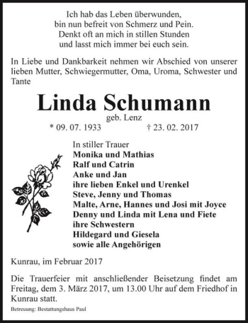 Traueranzeige von Linda Schumann (geb. Lenz)  von Magdeburger Volksstimme