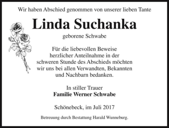 Traueranzeige von Linda Suchanka (geb. Schwabe)  von Magdeburger Volksstimme