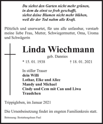 Traueranzeige von Linda Wiechmann (geb. Dannies)  von Magdeburger Volksstimme