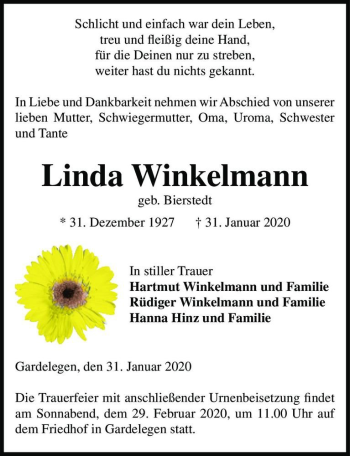 Traueranzeige von Linda Winkelmann (geb. Bierstedt)  von Magdeburger Volksstimme