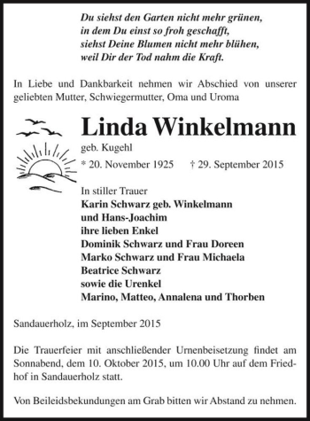 Traueranzeige von Linda Winkelmann (geb. Kugehl)  von Magdeburger Volksstimme