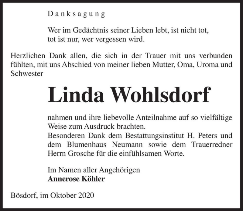  Traueranzeige für Linda Wohlsdorf  vom 16.10.2020 aus Magdeburger Volksstimme