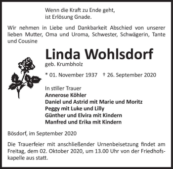 Traueranzeige von Linda Wohlsdorf (geb. Krumbholz)  von Magdeburger Volksstimme