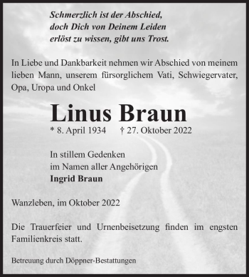 Traueranzeige von Linus Braun  von Magdeburger Volksstimme