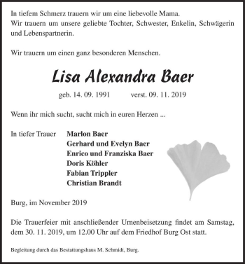 Traueranzeige von Lisa Alexandra Baer  von Magdeburger Volksstimme