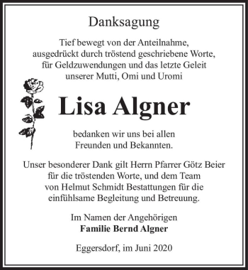 Traueranzeige von Lisa Algner  von Magdeburger Volksstimme