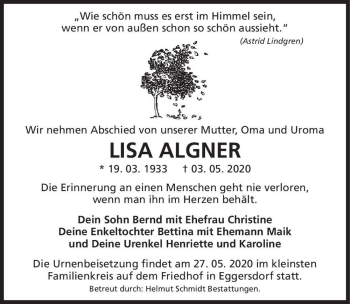 Traueranzeige von Lisa Algner  von Magdeburger Volksstimme
