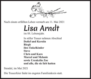 Traueranzeige von Lisa Arndt  von Magdeburger Volksstimme