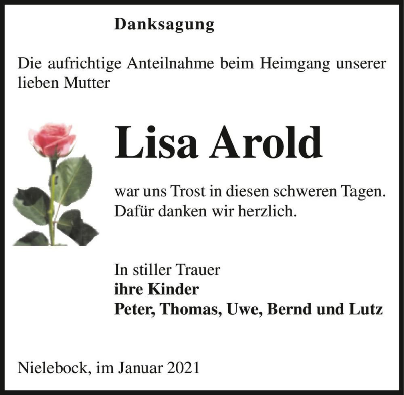  Traueranzeige für Lisa Arold  vom 16.01.2021 aus Magdeburger Volksstimme