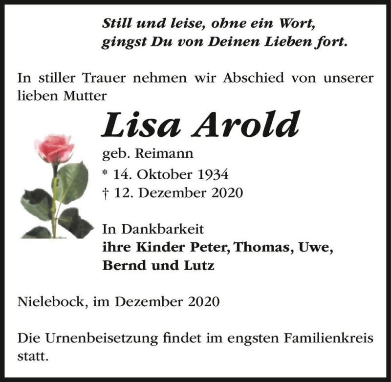  Traueranzeige für Lisa Arold (geb. Reimann)  vom 19.12.2020 aus Magdeburger Volksstimme