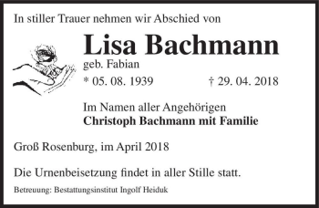 Traueranzeige von Lisa Bachmann (geb. Fabian)  von Magdeburger Volksstimme