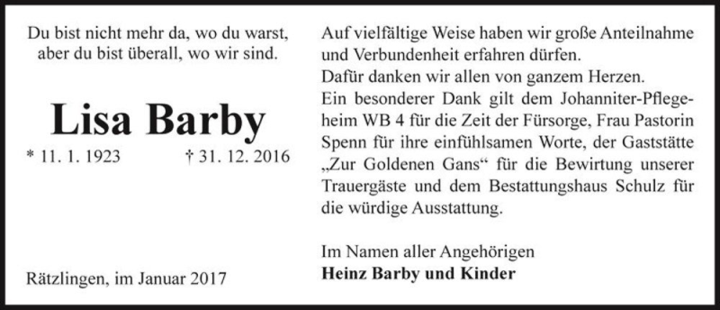  Traueranzeige für Lisa Barby  vom 21.01.2017 aus Magdeburger Volksstimme