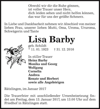 Traueranzeige von Lisa Barby (geb. Schildt)  von Magdeburger Volksstimme