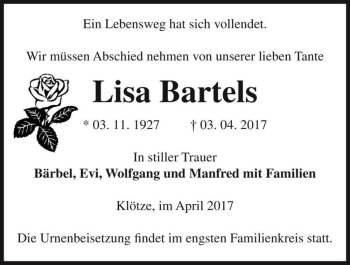 Traueranzeige von Lisa Bartels  von Magdeburger Volksstimme