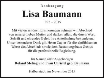 Traueranzeige von Lisa Baumann  von Magdeburger Volksstimme