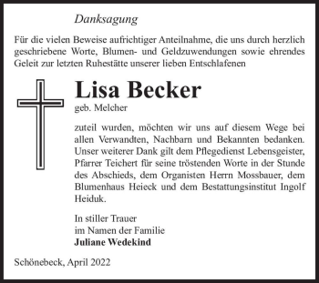 Traueranzeige von Lisa Becker (geb. Melcher)  von Magdeburger Volksstimme