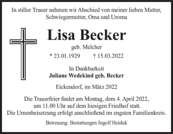 Traueranzeige von Lisa Becker (geb. Melcher)  von Magdeburger Volksstimme