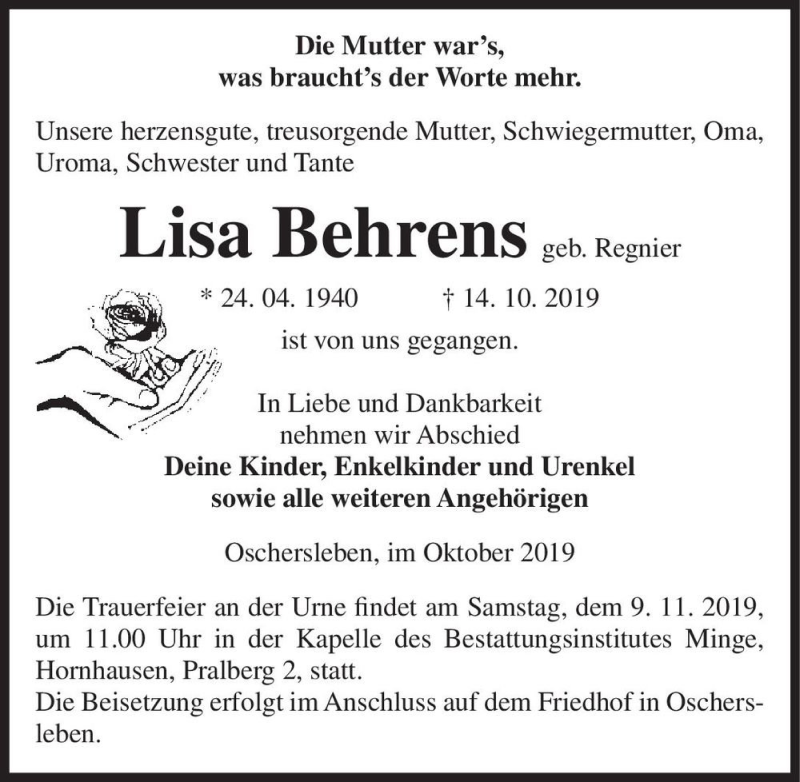  Traueranzeige für Lisa Behrens (geb. Regnier)  vom 23.10.2019 aus Magdeburger Volksstimme