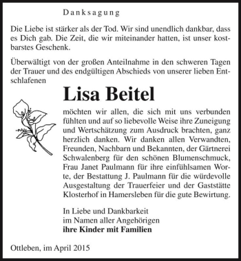 Traueranzeige von Lisa Beitel  von Magdeburger Volksstimme