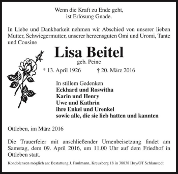 Traueranzeige von Lisa Beitel (geb. Peine)  von Magdeburger Volksstimme
