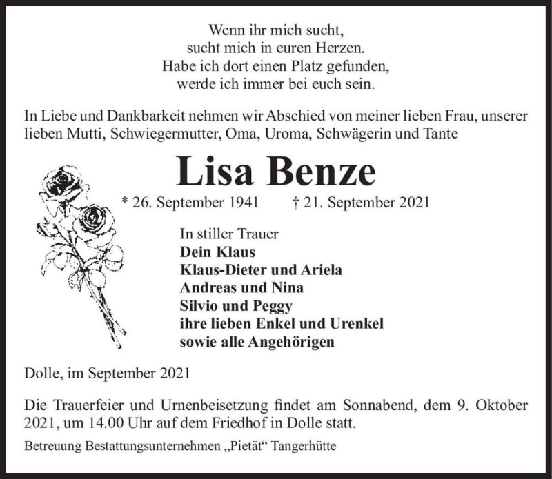  Traueranzeige für Lisa Benze  vom 25.09.2021 aus Magdeburger Volksstimme