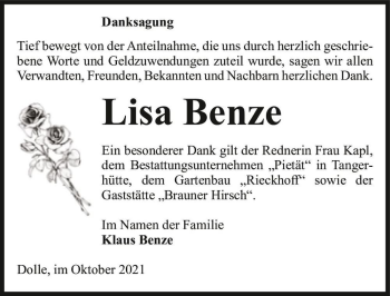 Traueranzeige von Lisa Benze  von Magdeburger Volksstimme