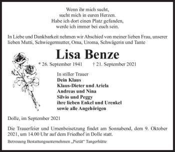 Traueranzeige von Lisa Benze  von Magdeburger Volksstimme