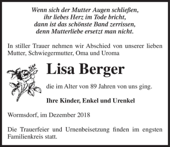 Traueranzeige von Lisa Berger  von Magdeburger Volksstimme