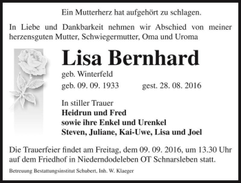Traueranzeige von Lisa Bernhard (geb. Winterfeld)  von Magdeburger Volksstimme