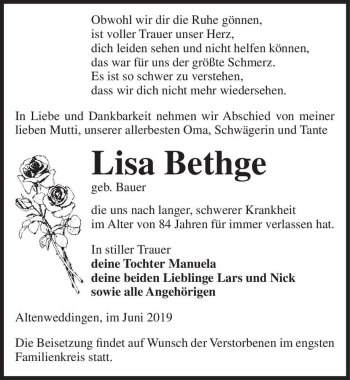 Traueranzeige von Lisa Bethge (geb. Bauer)  von Magdeburger Volksstimme