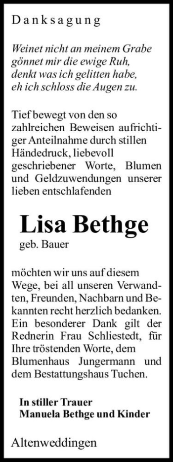 Traueranzeige von Lisa Bethge (geb. Bauer)  von Magdeburger Volksstimme