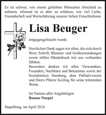 Traueranzeige von Lisa Beuger  von Magdeburger Volksstimme