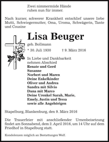 Traueranzeige von Lisa Beuger (geb. Bollmann)  von Magdeburger Volksstimme