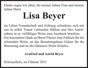 Traueranzeige von Lisa Beyer  von Magdeburger Volksstimme
