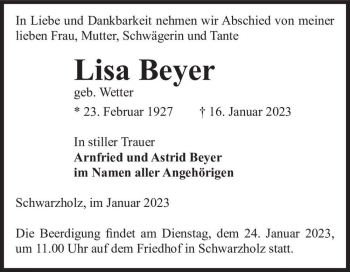 Traueranzeige von Lisa Beyer (geb. Wetter)  von Magdeburger Volksstimme