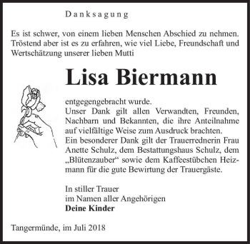 Traueranzeige von Lisa Biermann  von Magdeburger Volksstimme