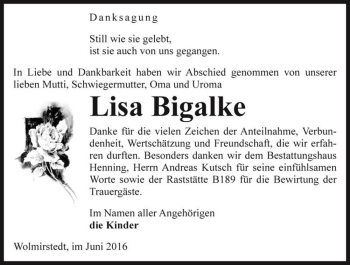 Traueranzeige von Lisa Bigalke  von Magdeburger Volksstimme