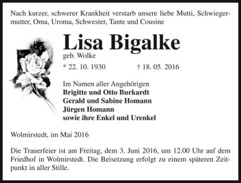 Traueranzeige von Lisa Bigalke (geb. Wolke)  von Magdeburger Volksstimme