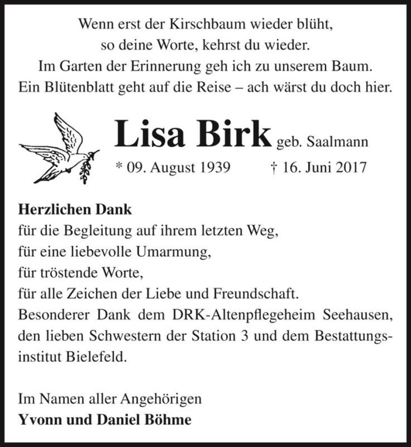  Traueranzeige für Lisa Birk (geb. Saalmann)  vom 08.07.2017 aus Magdeburger Volksstimme