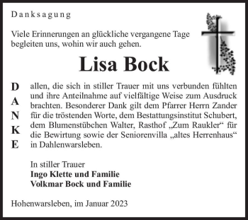 Traueranzeige von Lisa Bock  von Magdeburger Volksstimme
