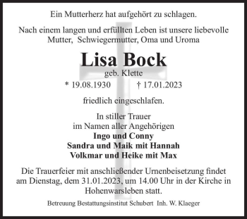 Traueranzeige von Lisa Bock (geb. Klette)  von Magdeburger Volksstimme